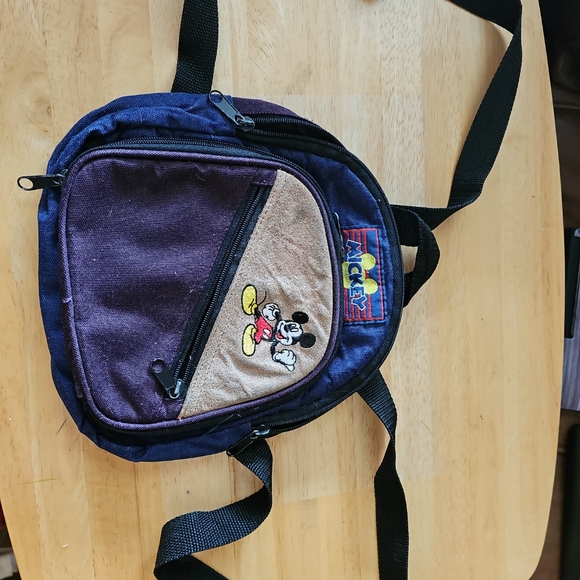 Retro Mickey Unlimited Maroon & Blue Suede Front Embroidered Backpack 10"x8" - Picture 3 of 8